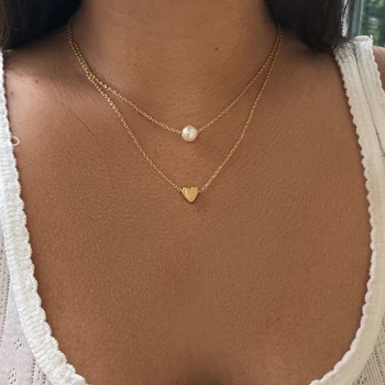 Imitation Pearl Love Heart Double Layer Necklace