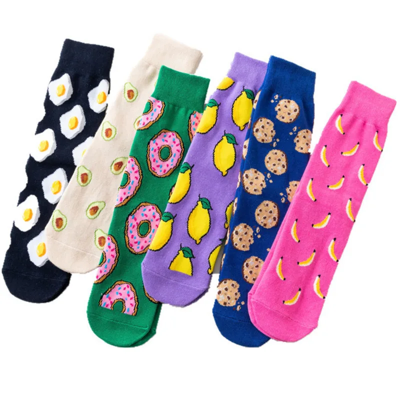 Women Socks Funny Cute Cartoon Fruits Banana Avocado Lemon Egg Cookie Donuts Food Happy Japanese Harajuku skateboard Socks womens socks
