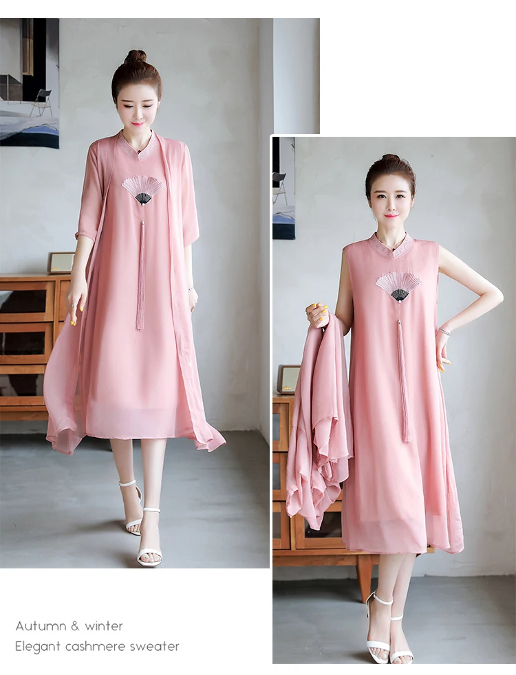 Весна Осень улучшенный Cheongsam 2 шт платье и кардиган свободные большие размеры шифоновые платья милые кисточкой винтажное женское платье