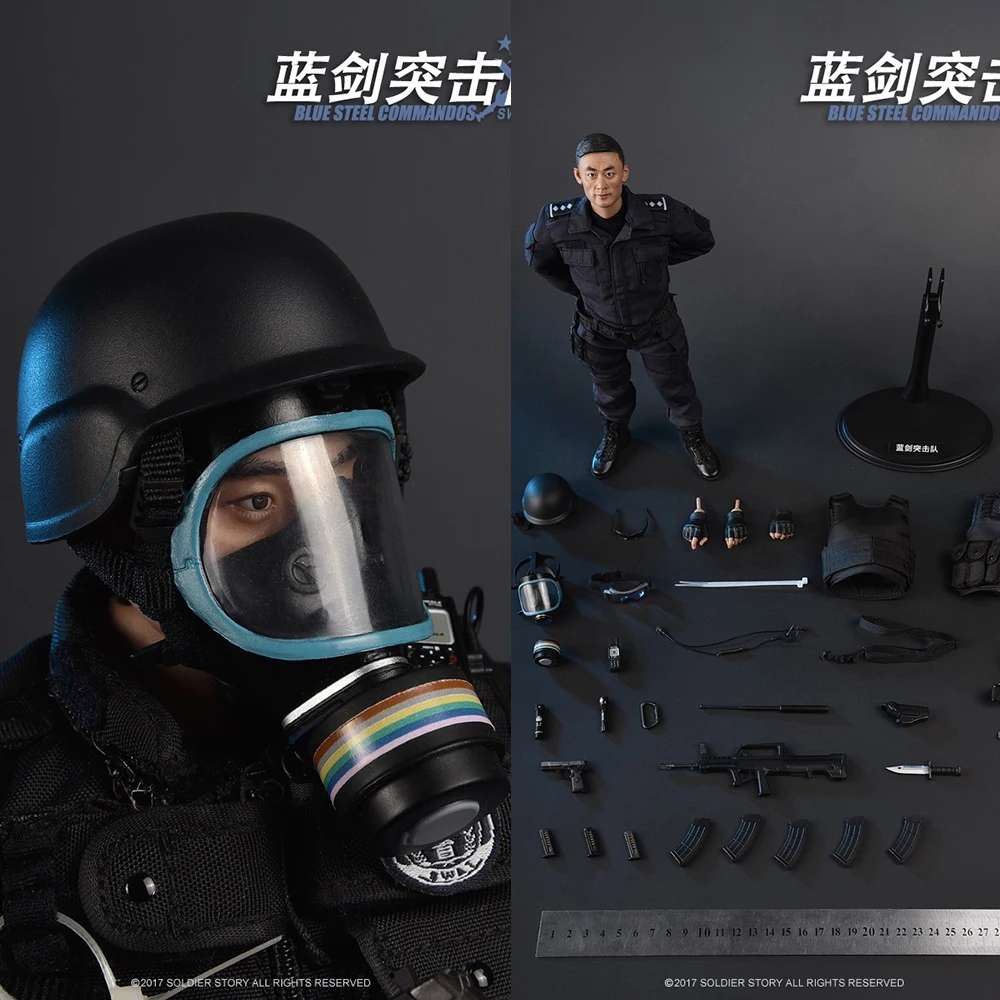 

For Collection 1/6 Scale Male Solider Chinese SWAT Blue Steel Commandos Head Body Weapon Model for Fans Gifts