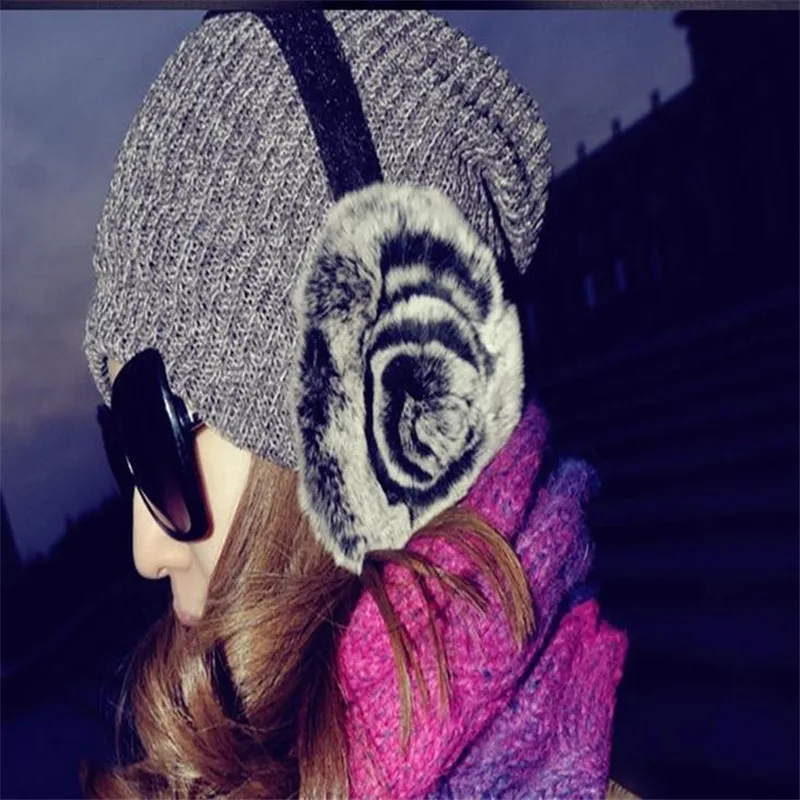 

2019 New High Quality Unisex Disc flower Real Rex Rabbit Fur Earmuffs Womens Real Fur Ear Warmer Winter Warm Earmuffs AD0741