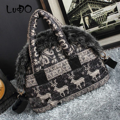 LUCDO Brand Luxury Handbag New Winter Woman Warm Space Cotton Shell Bags Designer Rabbit Fur Bag Ladies Jacket Shoulder Bag - Цвет: Retro deer pattern