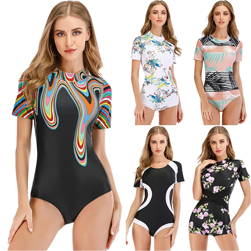 

2021 New Back Zipper Rash Guard Women Floral Print Monokini High Neck Swimsuit S-2XL Girl Short Sleeve One Piece Suit Beachwear