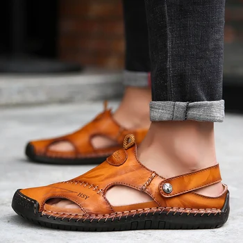 

2020 summer new men's shoes leather baotou sandals dad cowhide soft leather men's beach slippers dual-use weave