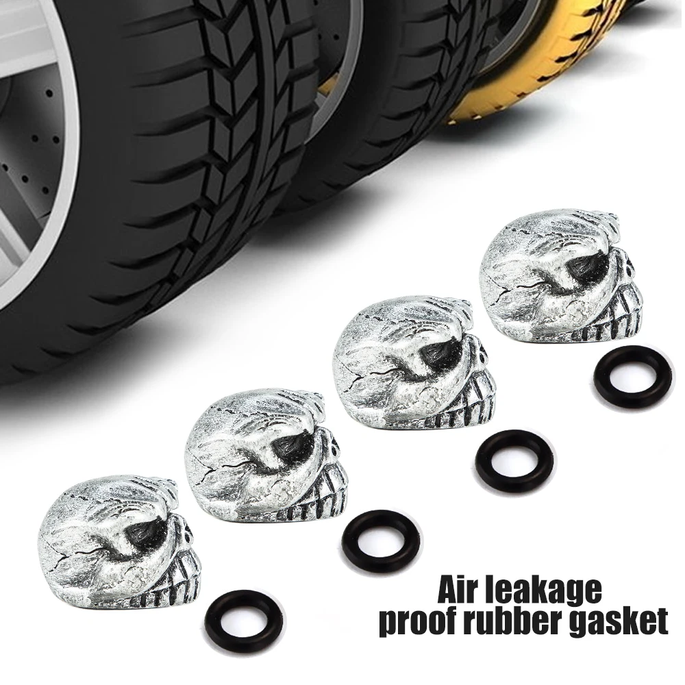 Set of 4 Skull Design Tire Valve Dust Caps for Vehicles and Bicycles