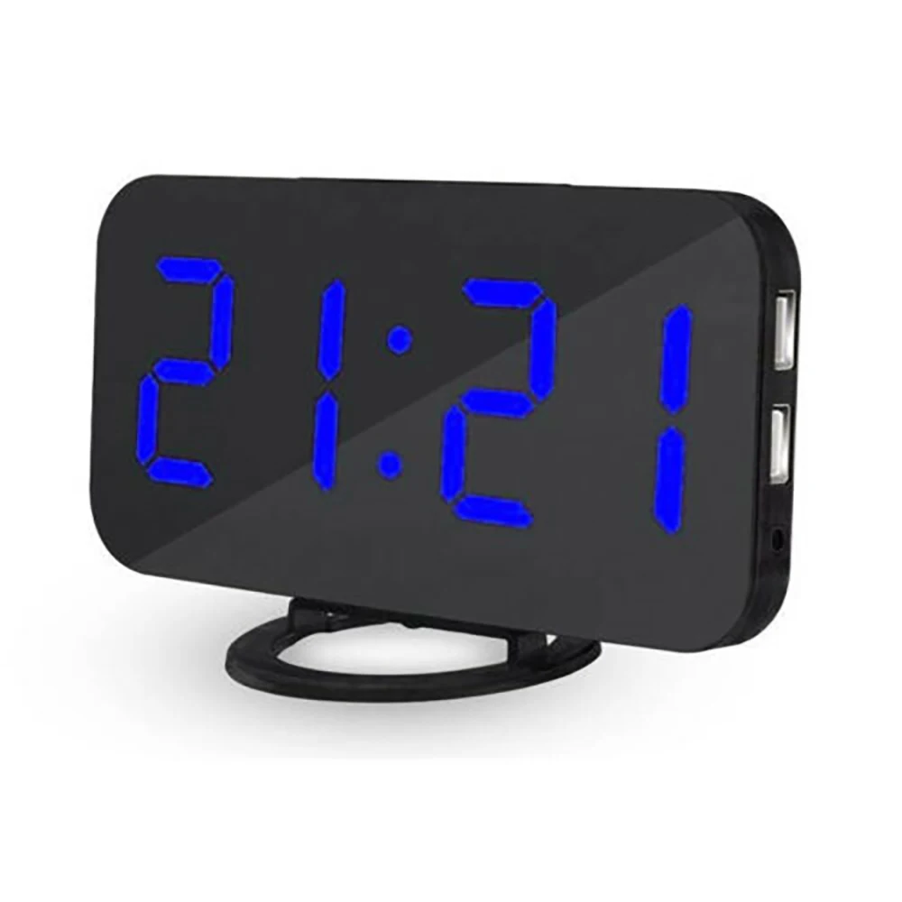 blue Display Time Table Desktop Night LED Light Digital Led Clock USB Cable Digital Alarm Clock LED Mirror Clock Multifunction Snooze - Color: blue