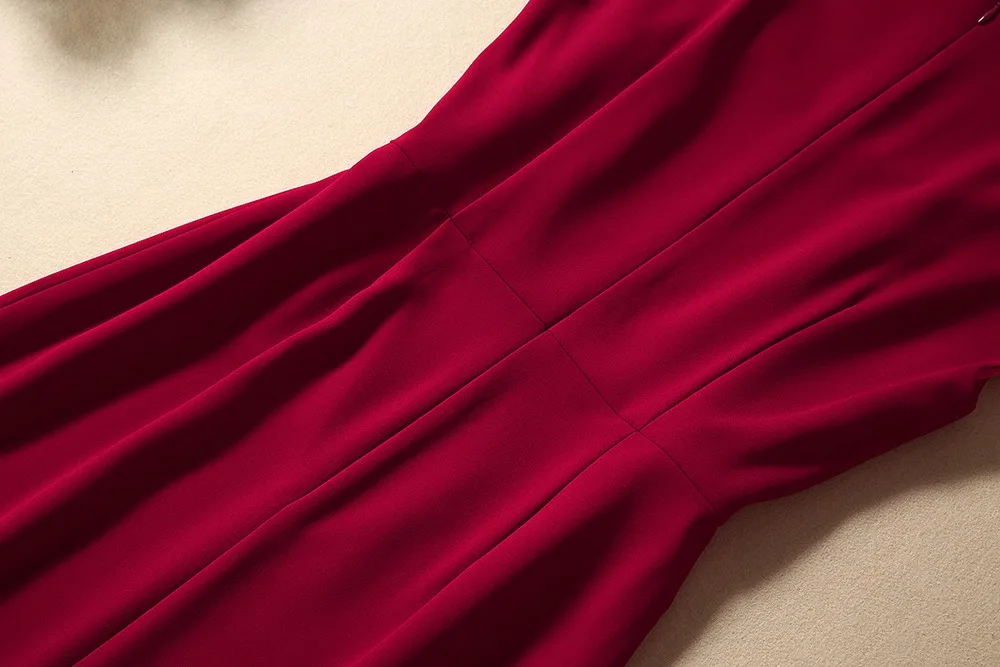 Truevoker Summer Runway Designer Dresses Women's European Short Sleeves Pure Red Mid Calf Length Pencil Vestidos