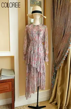 

100% Pure Silk Dresses Women 2020 Summer Vacation Bohemian O-neck Long Sleeve Irregular Floral Printed Midi Dress Woman