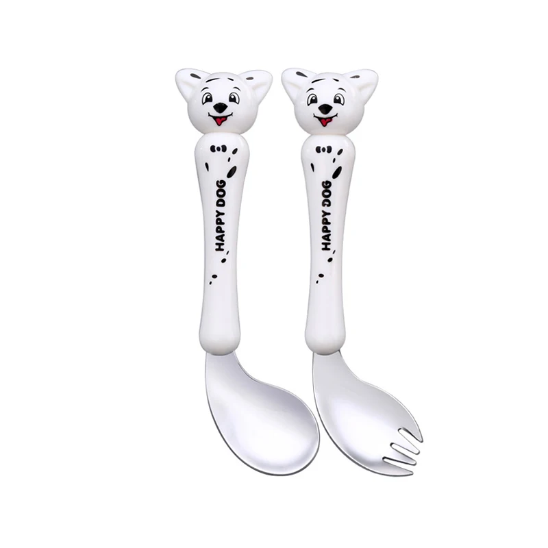 Ivory white Детская тренировочная ложка для еды, ложка, вилка, миска из нержавеющей стали, ложка, набор посуды, Детские боковые инструменты для кормления - Цвет: Ivory white
