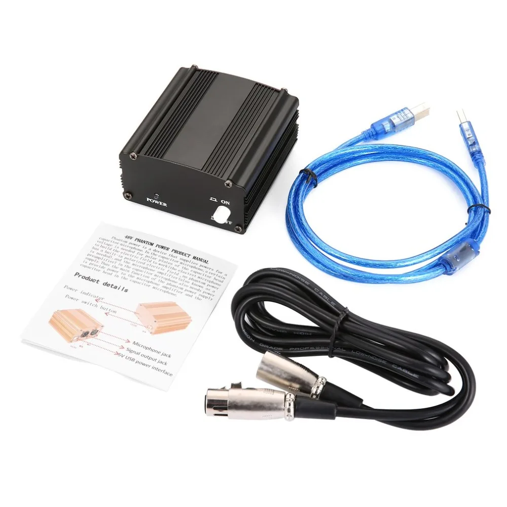 

48V 1-Channel Phantom Power Supply with One XLR Audio Cable for Condenser Microphone Studio Music Voice Recording Equipment