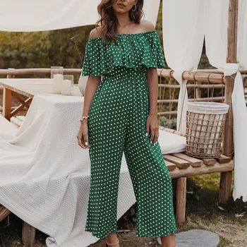 

Women's word shoulder wave dot printing casual jumpsuit trousers fashion sexy dot off shoulder sportswear summer holiday 04*
