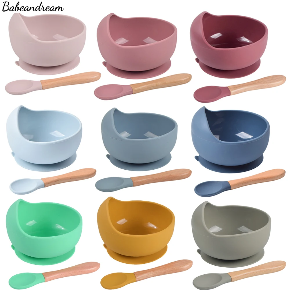 Baby bowl spoon Children Lunch silicone tableware wooden handle silicone spoon cup bowl baby Lunch Feeding