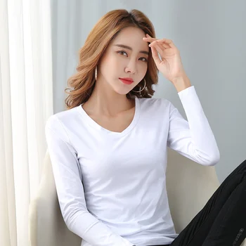 

pure color basic v-neck long sleeve T-shirt