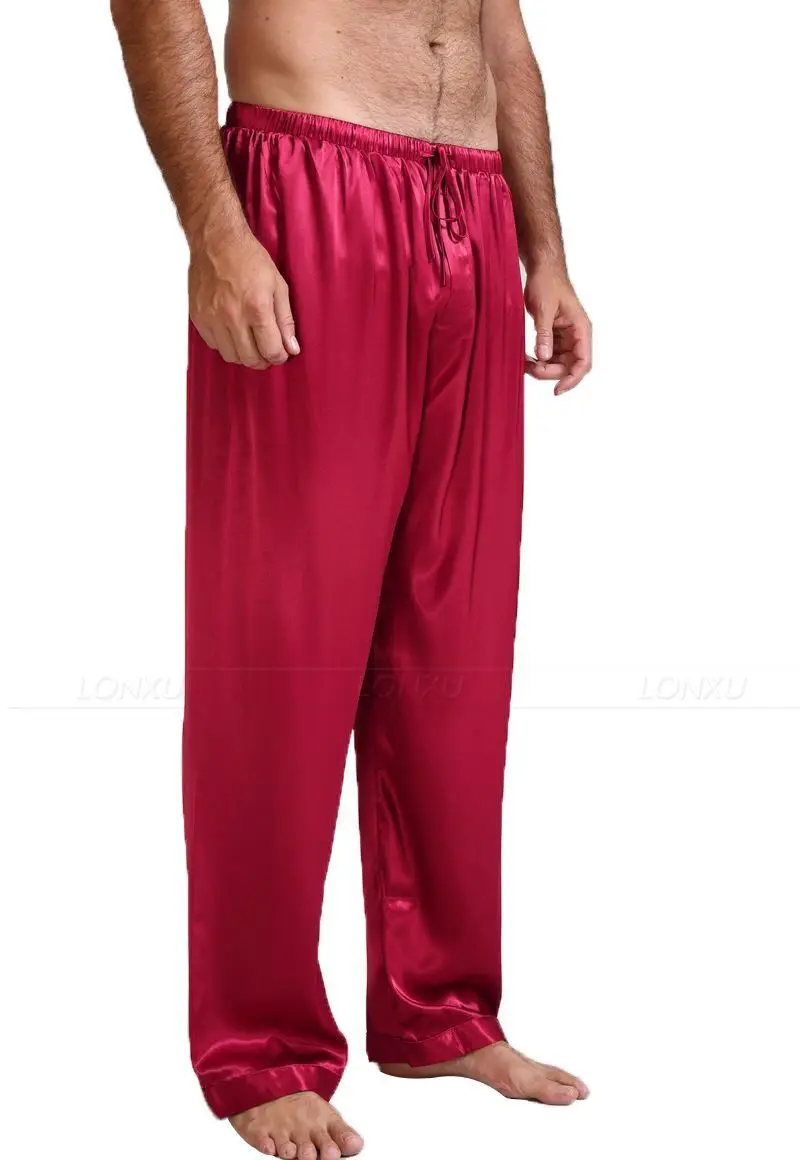 Весенне-летние мужские атласные пижамы для сна, штаны для отдыха, Мужская пижама для сна, штаны, Мужская одежда для сна, мягкая свободная одежда для сна, низ S-XL - Цвет: Красный