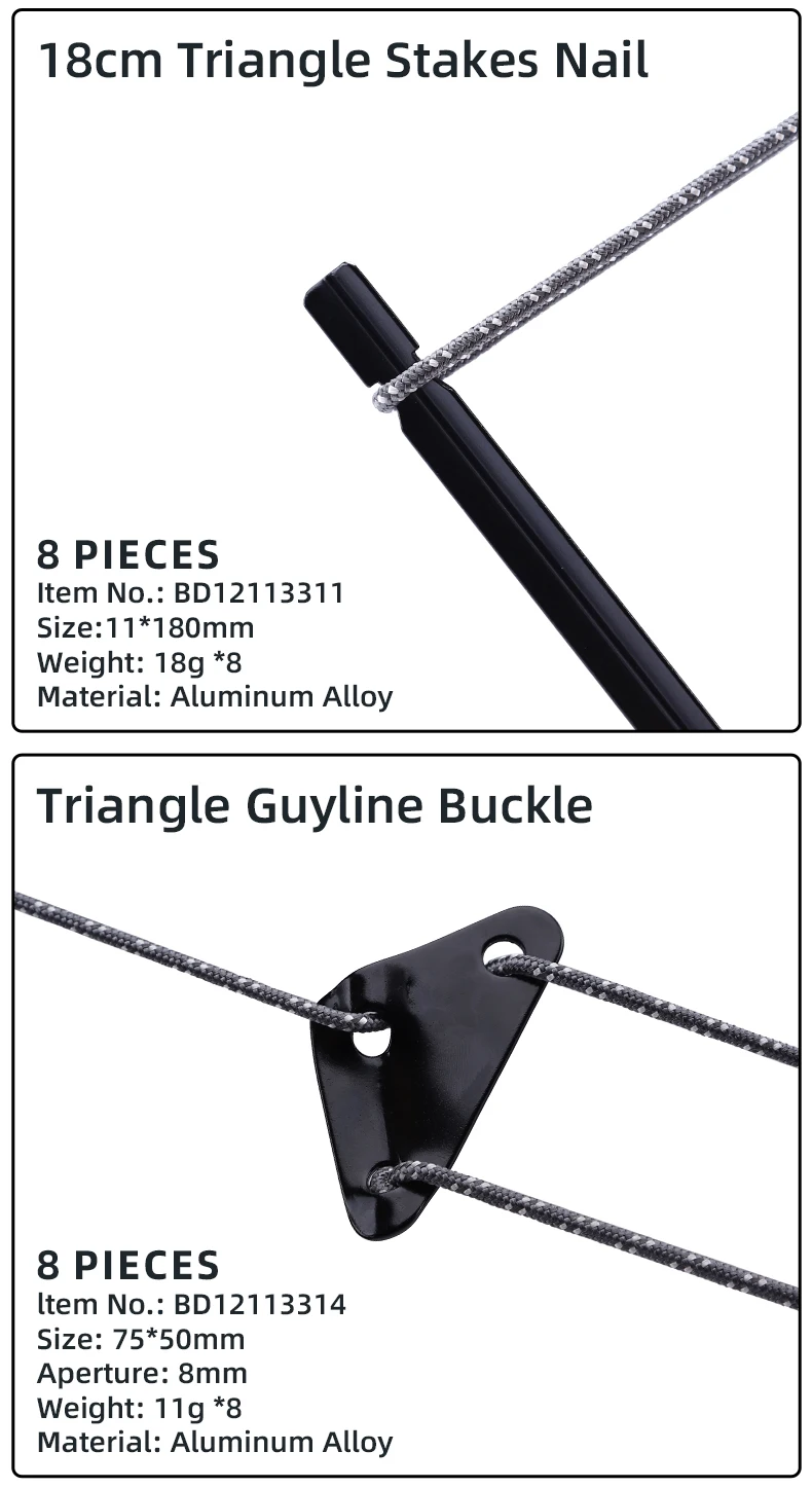 Description Picture 3 of itemBLACKDEER 8pcs Camping Tent Pegs Aluminum Alloy Tent Nail Hiking Hook Nail Tent Stake guy line Wind rope buckle accessories