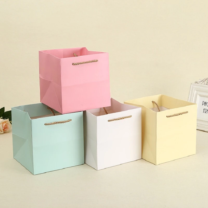 images Flower Gift Bags Wholesale 16x16x16cm 10pcs large square blue pink paper gift bag with handle cake flower packaging handle bag wholesale