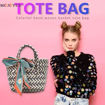 

Handmade Small Handbags with Ribbon Women Girls Beaches Straw Woven Totes for Outdoor Shopping Traveling Ornaments