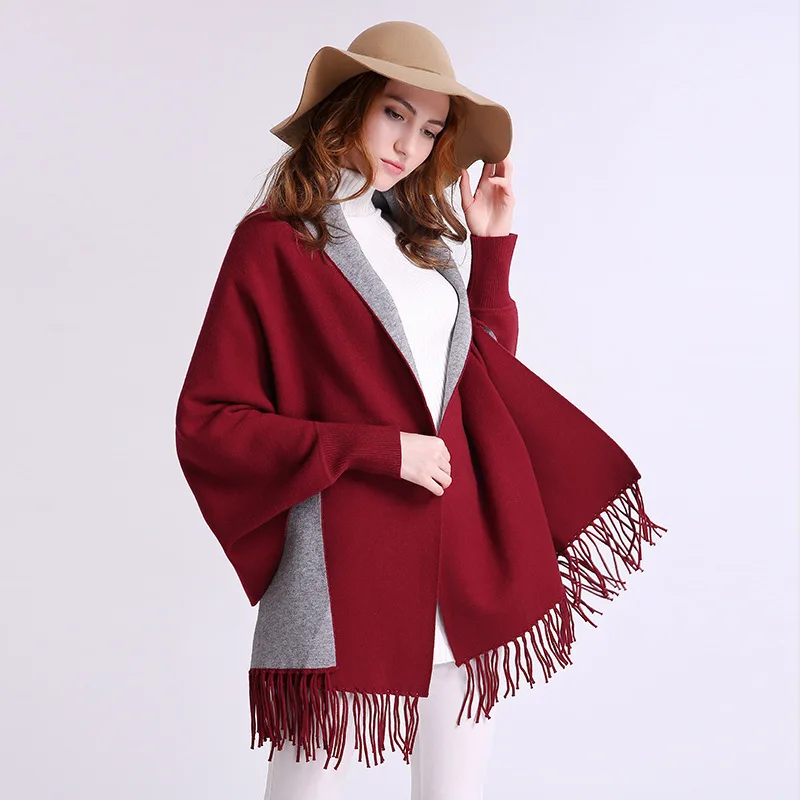 Women Ponchos With Sleeves Tassel Knitted Shawl Wrap Plus Size Cardigan  Poncho Cape Open Front Long Winter Sweater Coat Mujer - AliExpress