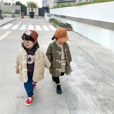 

Winter Boys and Girls Wooden Buckle Cotton Coat Kids Thickened Medium Length Winter Coat Children Single Breasted Winter Jacket