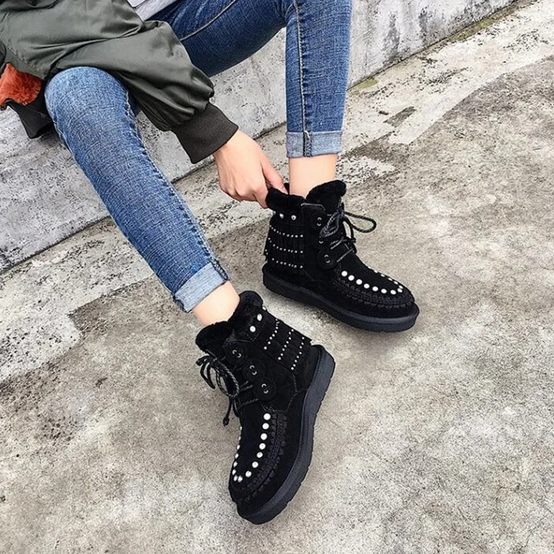 black Crystal Lace Up Snow Boots Wool thickened Warm Winter Women Shoes Round Toe Tassel Cowhide Leather Top Quality Booties Ankle - Цвет: black