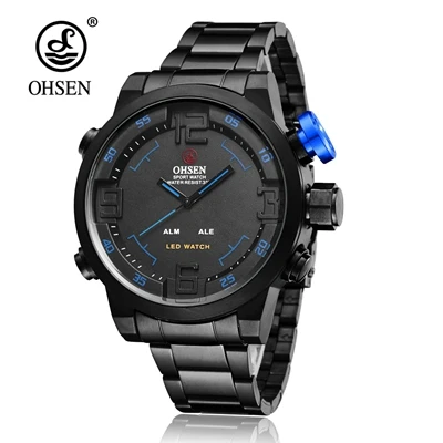 OHSEN Dual time Men Quartz Wristwatches Waterproof Black Military man Watch Fashion Sport Digital LED Clocks relogio masculino - Цвет: Black blue
