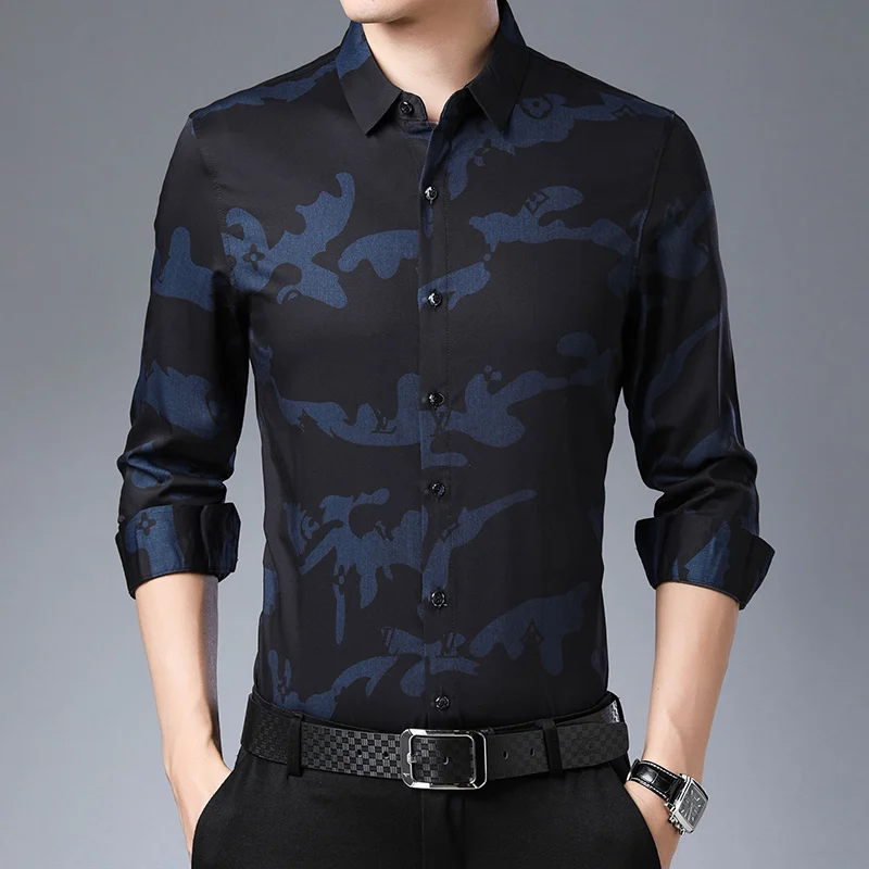 Модная брендовая мужская приталенная уличная рубашка с длинным рукавом на осень и зиму, высококачественная повседневная мужская одежда - Цвет: Тёмно-синий