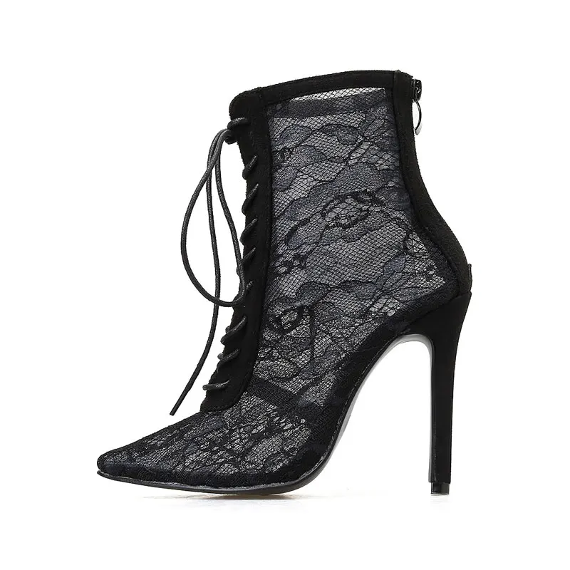 Bellinsley/черные женские ботинки с сеткой модные женские прозрачные ботильоны с острым носком на шнуровке на высоком каблуке женские сандалии-лодочки