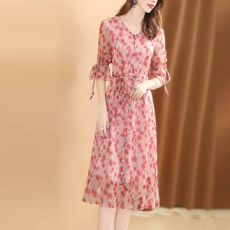 

Chiffon Dress Women's Spring And Summer 2019 New Style Very Fairy of France Small Floral Waist Hugging Mid-length A- line Skirt