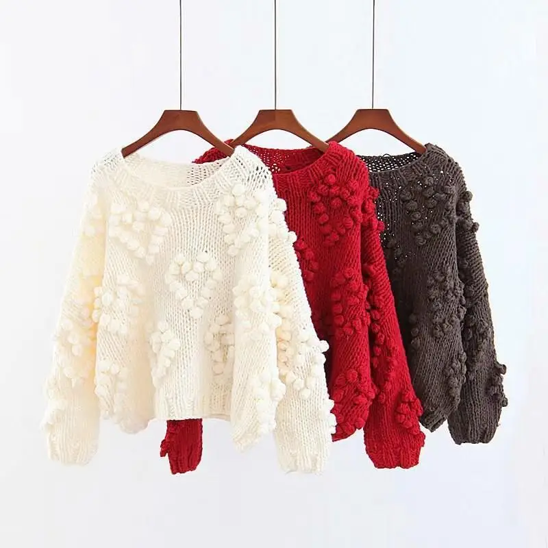 Элегантные женские свитера с меховым помпоном; сезон осень-зима; вязаный свитер с рукавами-фонариками; пуловеры; уличная одежда; Женский пуловер