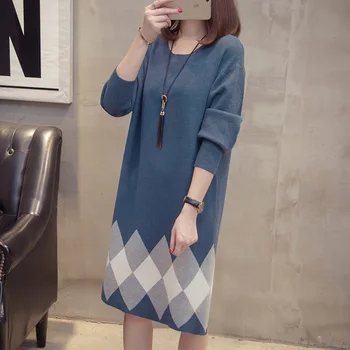 

Loose Patchwork Colorblock Large Size 2020 Autumn Winter Long Knitted Sweet Grid Dress Korean Elegant Ladies Sweater Dresses