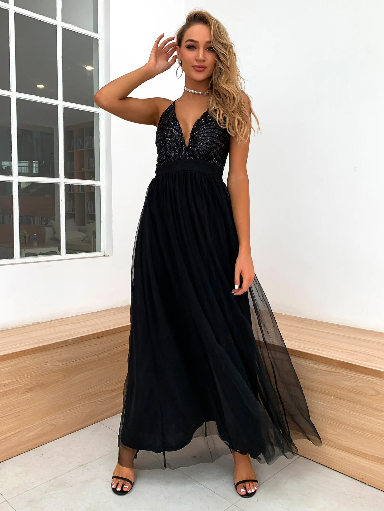 PFFLOOK Mesh Sequin Sexy Maxi Dress Women Deep V Neck Cross Back Backless Long Dress Elegant Sleeveless Solid Summer Party Dress