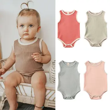 

2020 Newest Hot Baby Summer Bodysuits Infant Baby Boy Girl Clothes Sleeveless Jumpsuit Ribbed Bodysuit Solid Outfit 3-24M