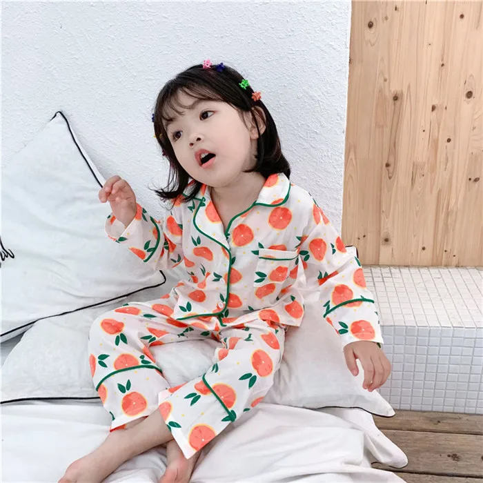 Г. детский пижамный комплект, кружевное ночное белье для маленьких девочек хлопковая одежда для отдыха с длинными рукавами детские пижамы комплект одежды для девочек от 2 до 8 лет - Цвет: Grapefruit prints
