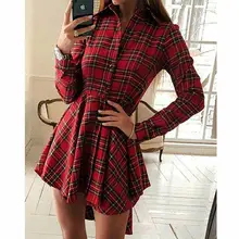 2019 nuevas camisas a cuadros Vintage para mujer vestido de vacaciones vestido de botón suelto manga larga cuello vuelto señoras otoño Swing vestidos