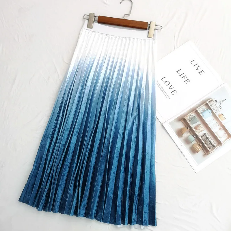 Градиентная золотистая бархатная юбка осень зима новая Корейская версия эластичная Вельветовая с завышенной талией плиссированная миди юбка Harajuku уличная