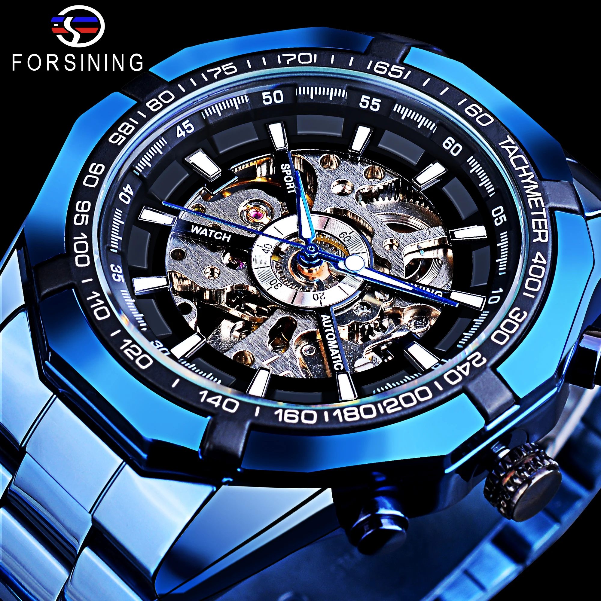 Forsining Mechanical Men's Wristwatch Skeleton Hollow Automatic Watch 3Bar Stainless Steel Men Watches Blue Fashion Reloj Hombre automatic retractable awning 600x350 cm blue and white