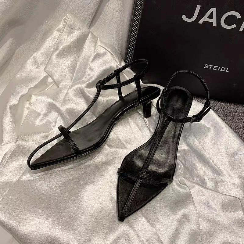 Women Sandals Thin Low Heels Pointed Open Toe Ankle Strap Summer