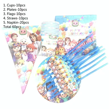 

60pcs/lot Cocomelon Theme Party Disposable Tableware Cocomelon Birthday Baby Shower Set Children Party Decoration Supplies