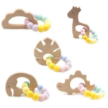 

Cartoon Animals Baby Teether Bracelet Kids Beech Wood Silicone Beads Molar Toys