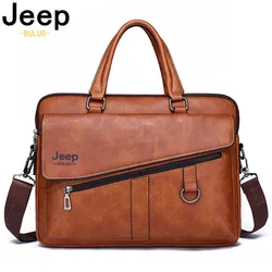 JEEP BULUO New Men Briefcase Split Leather Laptop Bag 14