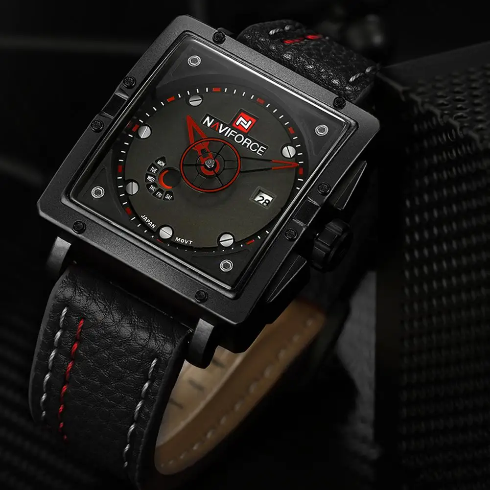 

GloryStar Men Square Quartz Watch Week Date Waterproof Genuine Leather Strap Business Wristwatch