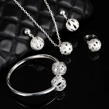 

Dubai Gold Silver Plated Ball Jewelry Set Pendant Necklace Cuff Bracelet Bangle Earrings African Beads Jewelry Sets For Women