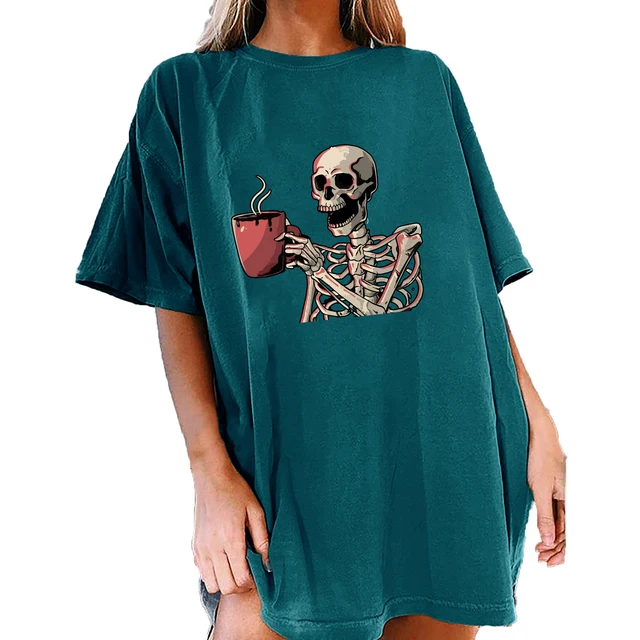 Funny Tea-drinking Skull Skeleton Print Shirt for Women Drop Shoulder Summer T Shirt 2021 Casual Round Neck Loose Tops Clothes 3
