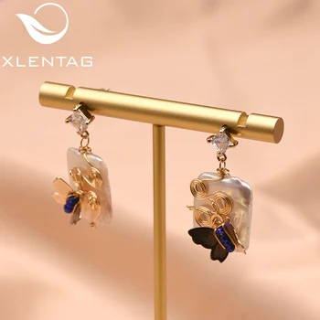 

XlentAg Natural Square Baroque Pearls Earrings For Women Butterfly Drop Earring Creative Enthic Luxury Jewelry Ohrringe GE0806