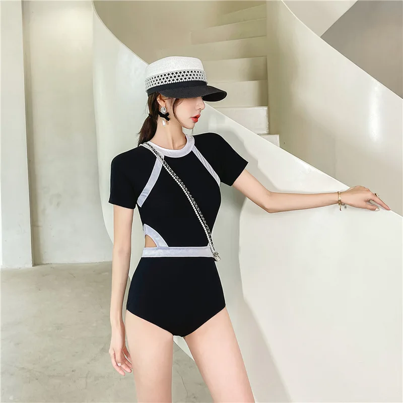 

2021 New Sexy Colored Jumpsuit Teen Conservative Ins Wind Half-Sleeve Styling Small Scented Swimsuit One Piece Swimsuit Women