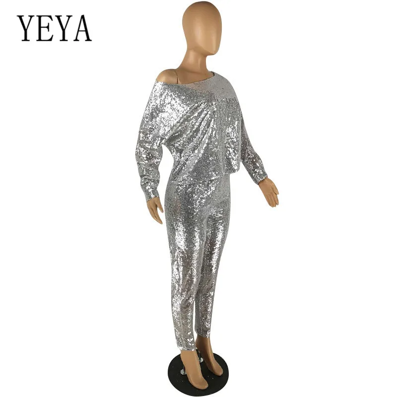 YEYA два предмета наборы для женщин Мода Bling блестками Комбинезоны Осень с длинным рукавом Тощий комбинезон Клубная одежда вечерние комбинезоны Salopette