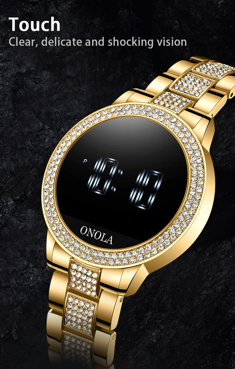 Fashion full diamond touch screen Led display ladies waterproof steel band quartz movement electronic watch business watch
