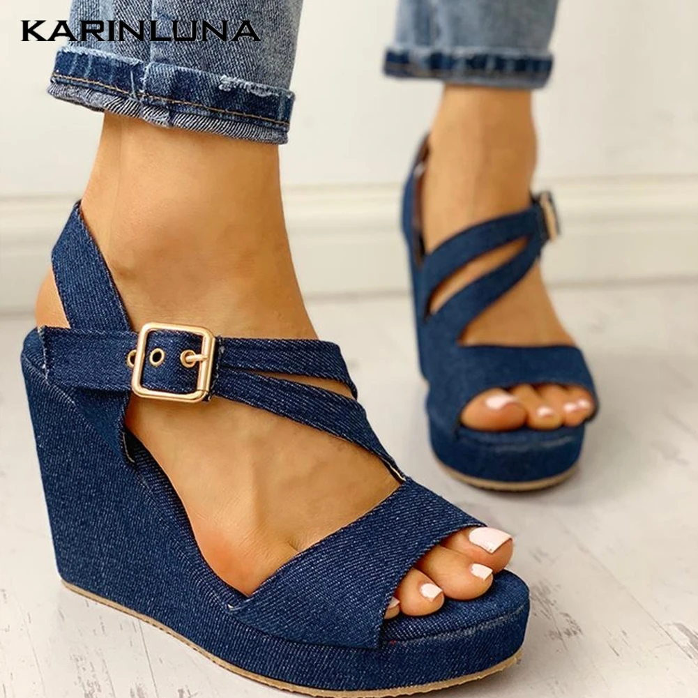 

Ins Plus Size 43 Leisure Denim Customize Wedges Shoes Women On Sale Summer Sandals Platform High Heels Shoes Woman Sandals