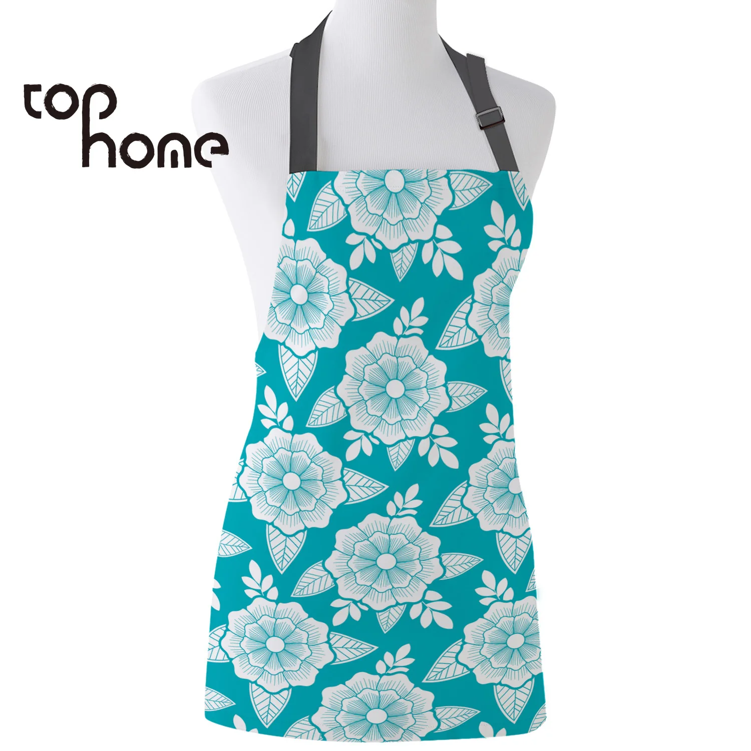 Tophome Kitchen Apron Blue Traditional Japanese Flower Printed