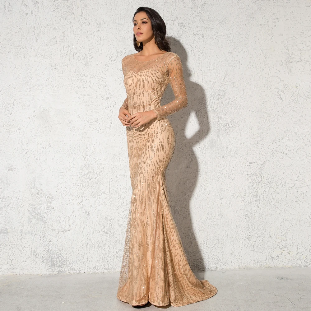 Золотое блестящее вечернее платье с длинными рукавами с открытой спиной и круглым вырезом, блестящее длинное платье в пол